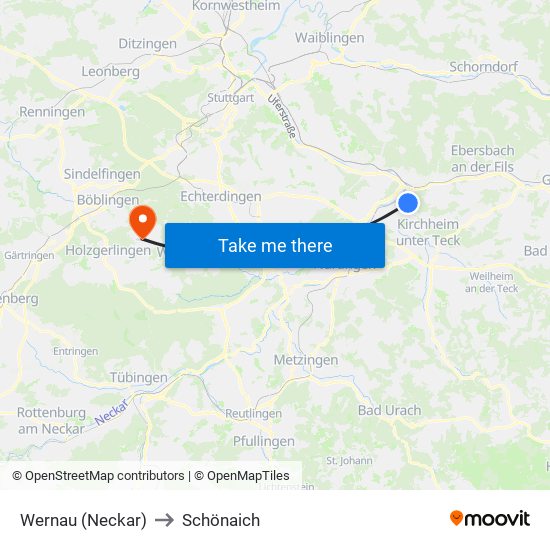 Wernau (Neckar) to Schönaich map