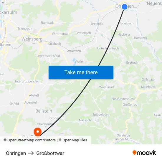Öhringen to Großbottwar map