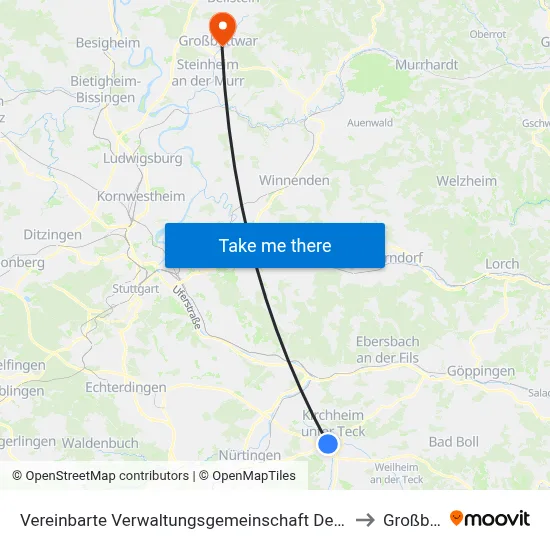 Vereinbarte Verwaltungsgemeinschaft Der Stadt Kirchheim Unter Teck to Großbottwar map