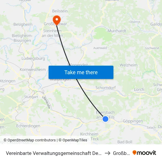 Vereinbarte Verwaltungsgemeinschaft Der Stadt Ebersbach An Der Fils to Großbottwar map
