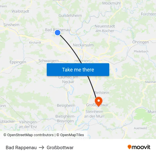 Bad Rappenau to Großbottwar map