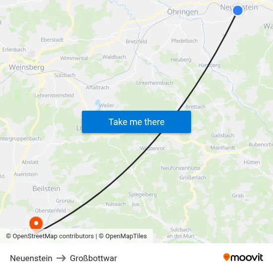 Neuenstein to Großbottwar map