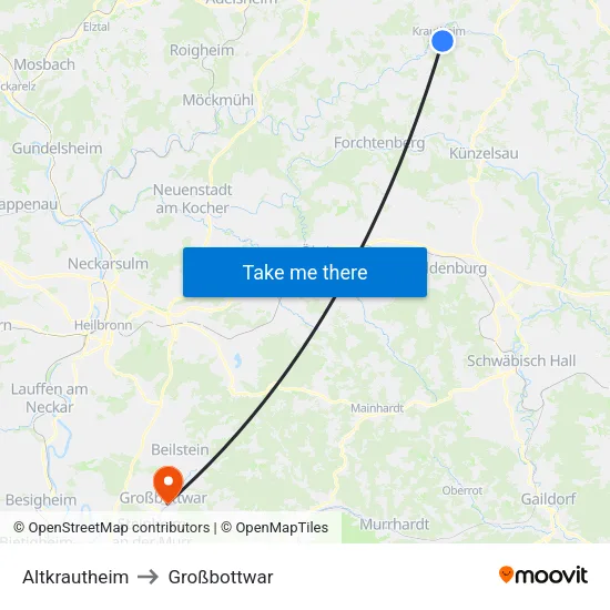 Altkrautheim to Großbottwar map