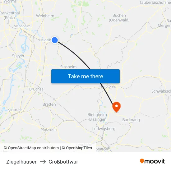 Ziegelhausen to Großbottwar map
