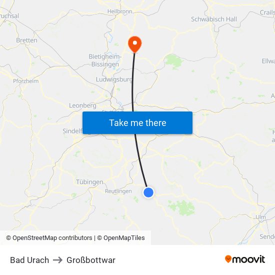 Bad Urach to Großbottwar map