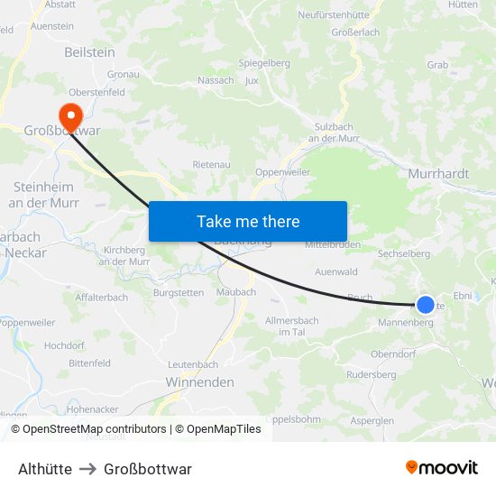 Althütte to Großbottwar map