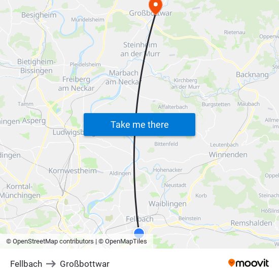 Fellbach to Großbottwar map