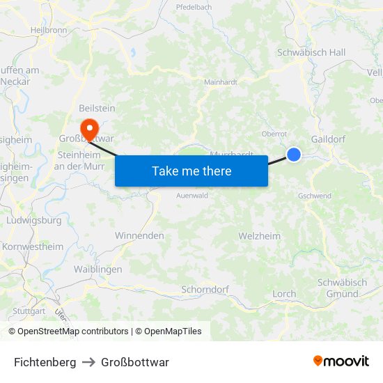 Fichtenberg to Großbottwar map
