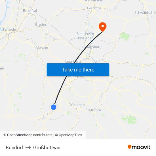 Bondorf to Großbottwar map