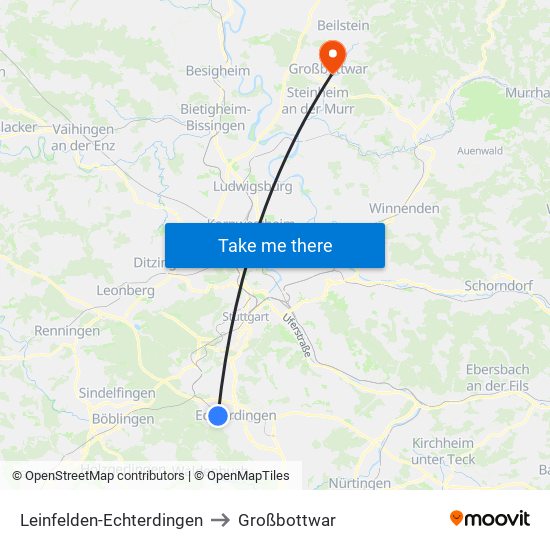 Leinfelden-Echterdingen to Großbottwar map