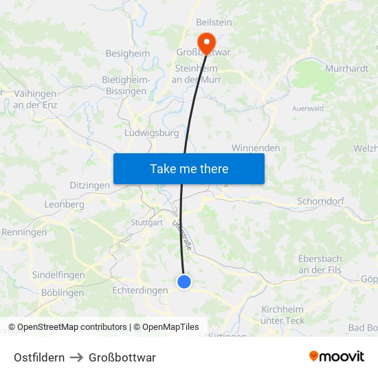 Ostfildern to Großbottwar map