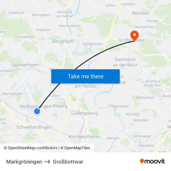Markgröningen to Großbottwar map
