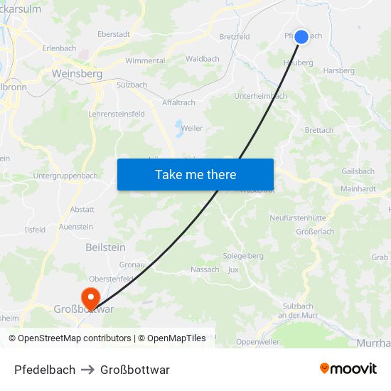 Pfedelbach to Großbottwar map