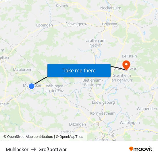 Mühlacker to Großbottwar map