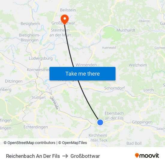 Reichenbach An Der Fils to Großbottwar map