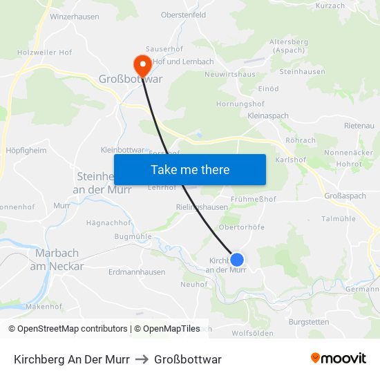 Kirchberg An Der Murr to Großbottwar map