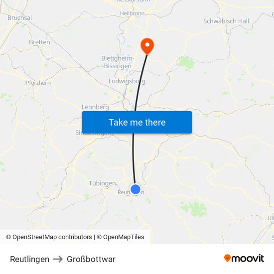 Reutlingen to Großbottwar map