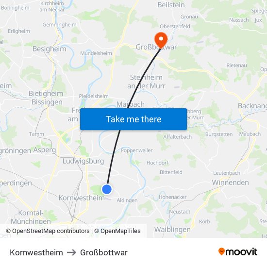 Kornwestheim to Großbottwar map