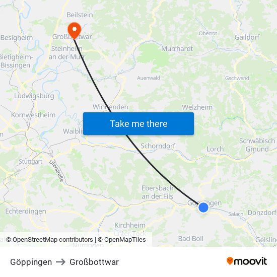 Göppingen to Großbottwar map