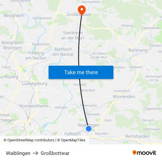 Waiblingen to Großbottwar map
