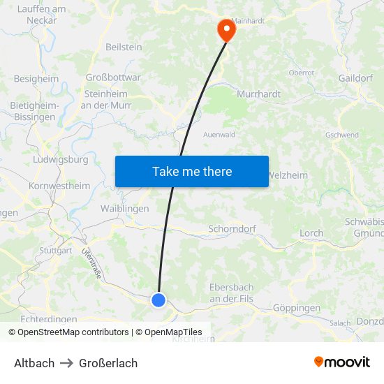 Altbach to Großerlach map