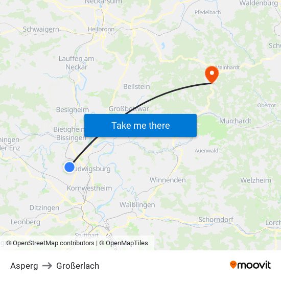 Asperg to Großerlach map
