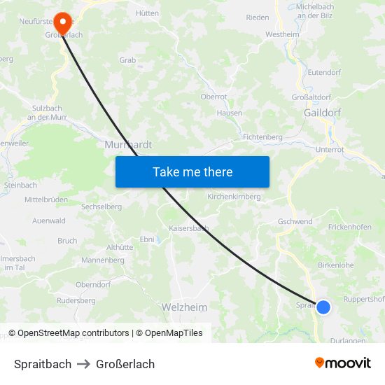 Spraitbach to Großerlach map