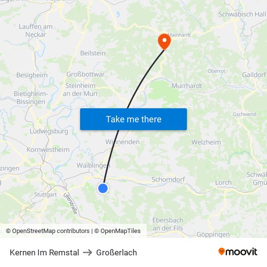 Kernen Im Remstal to Großerlach map