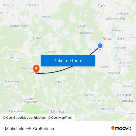 Michelfeld to Großerlach map