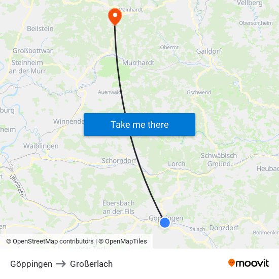 Göppingen to Großerlach map