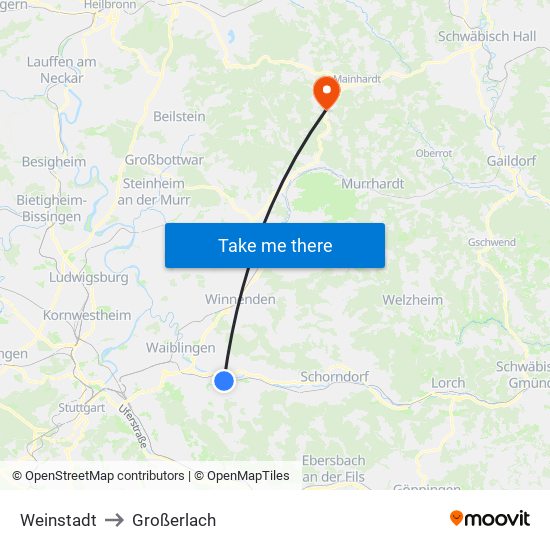 Weinstadt to Großerlach map