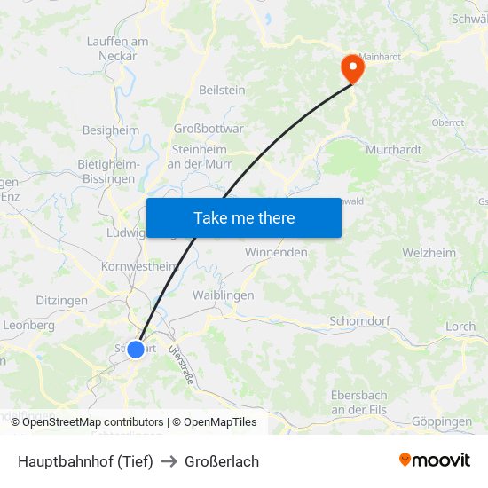 Hauptbahnhof (Tief) to Großerlach map