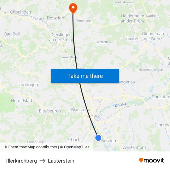 Illerkirchberg to Lauterstein map