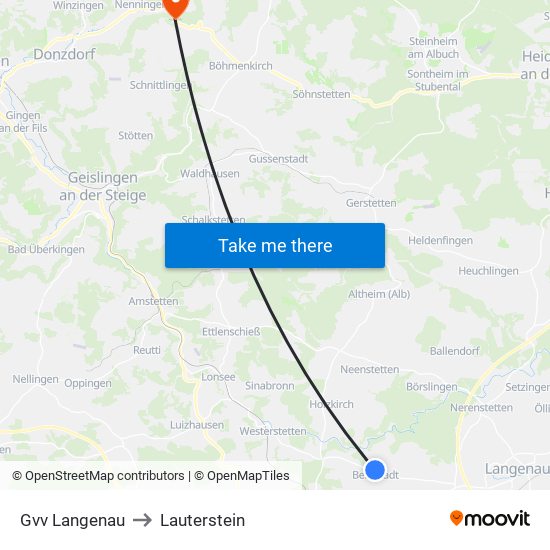 Gvv Langenau to Lauterstein map