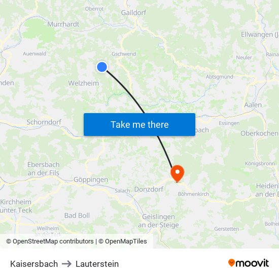 Kaisersbach to Lauterstein map