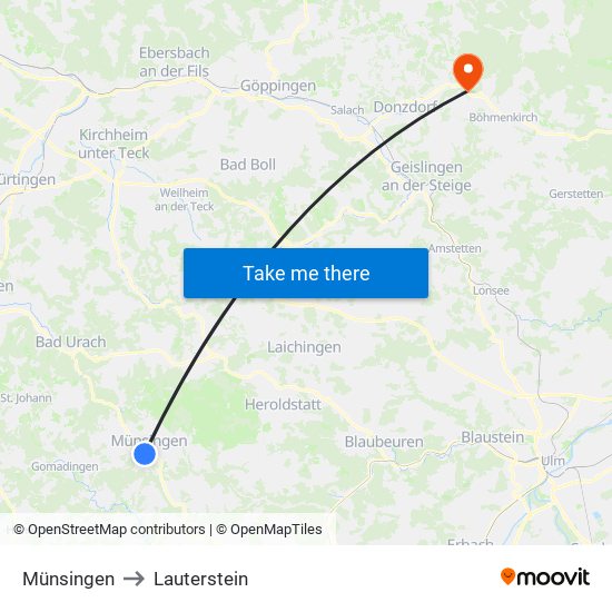 Münsingen to Lauterstein map