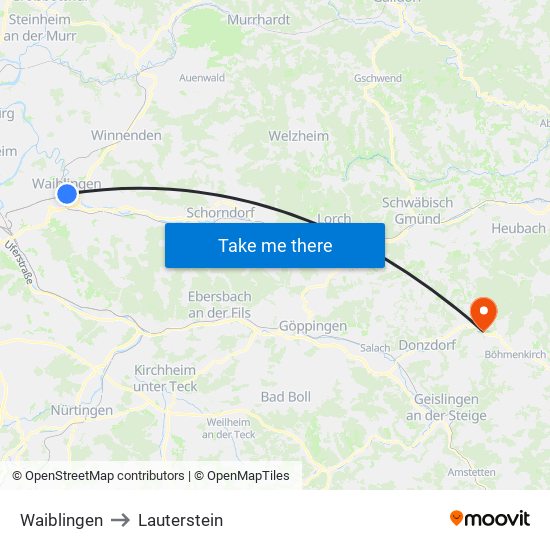 Waiblingen to Lauterstein map