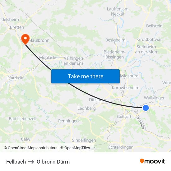 Fellbach to Ölbronn-Dürrn map