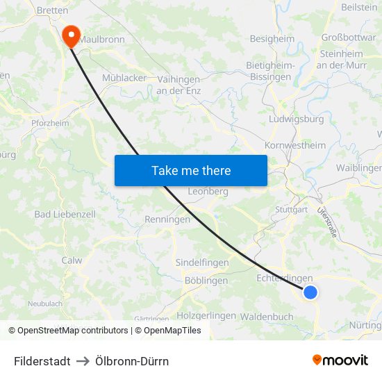Filderstadt to Ölbronn-Dürrn map