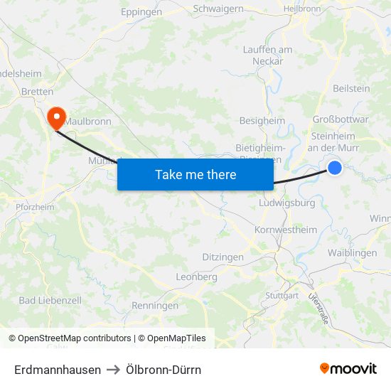 Erdmannhausen to Ölbronn-Dürrn map