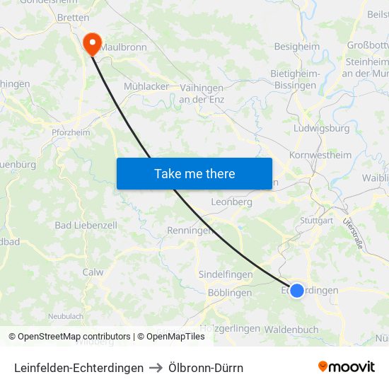 Leinfelden-Echterdingen to Ölbronn-Dürrn map