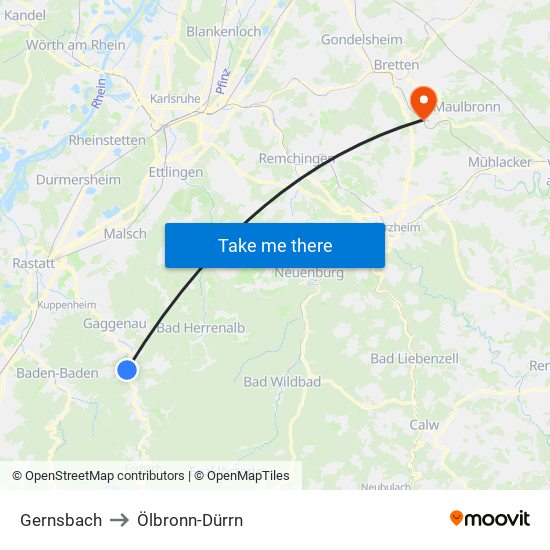 Gernsbach to Ölbronn-Dürrn map