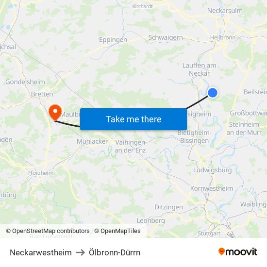 Neckarwestheim to Ölbronn-Dürrn map