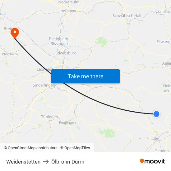 Weidenstetten to Ölbronn-Dürrn map