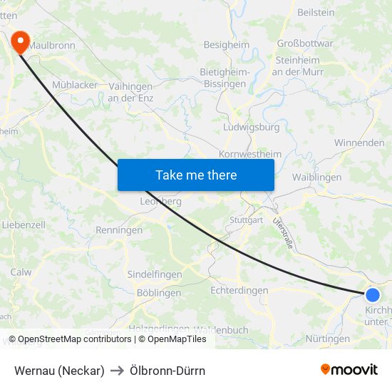 Wernau (Neckar) to Ölbronn-Dürrn map