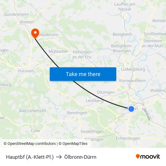 Hauptbf (A.-Klett-Pl.) to Ölbronn-Dürrn map