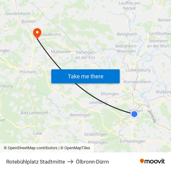 Rotebühlplatz Stadtmitte to Ölbronn-Dürrn map