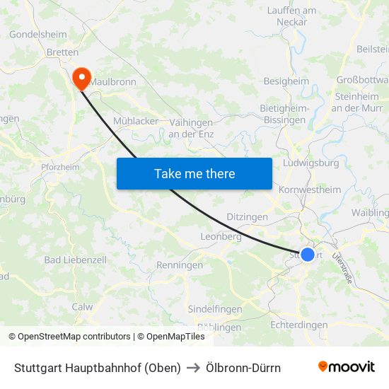 Stuttgart Hauptbahnhof (Oben) to Ölbronn-Dürrn map