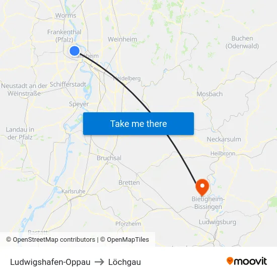 Ludwigshafen-Oppau to Löchgau map