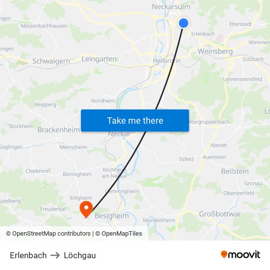 Erlenbach to Löchgau map